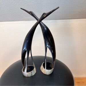 (2) CRANES CARVED FROM 2 HORNS. Elegant curved birds in black